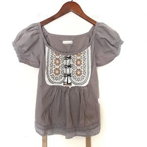 Odd Molly Embroidered Beige Brown Tie Back Top Blouse Shirt Size 0 = XS